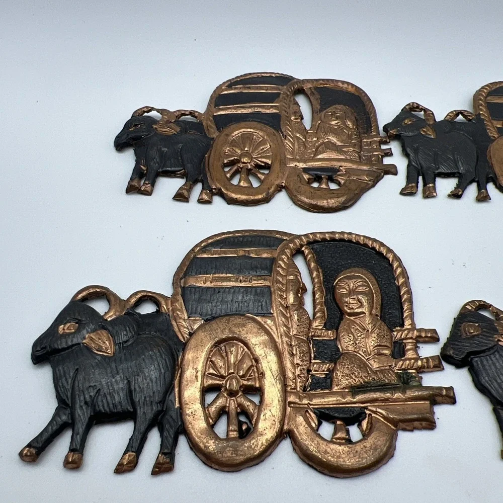 X4 Covered  Wagon Cattle Women Copper Metal Wall Hangings VTG